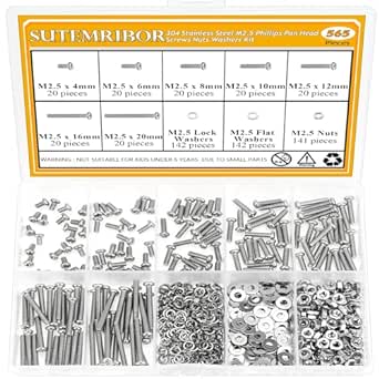 565 Pieces M2.5 Machine Screws Nuts Washers Set, Sutemribor M2.5 x 4/6/8/10/12/16/20mm Phillips Pan Head Machine Screws Nuts Washers Assortment Kit, 304 Stainless Steel, Fully Threaded