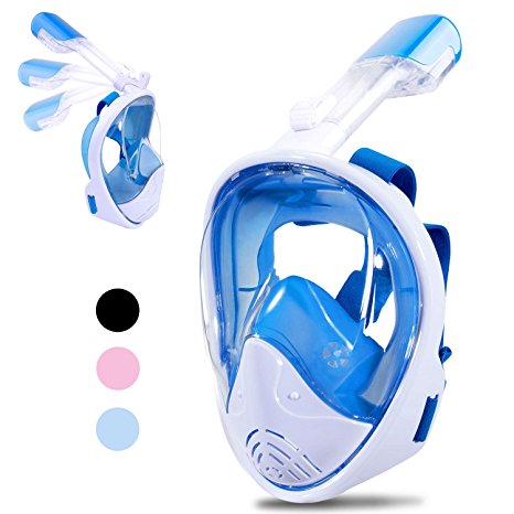 [2018 Newest Version] Snorkel Mask Foldable - Greatever 180° Panoramic View Free Breathing Full Face Snorkeling Mask with Detachable GoPro Mount, Dry Top Set Anti-fog Anti-leak for Adults & Kids