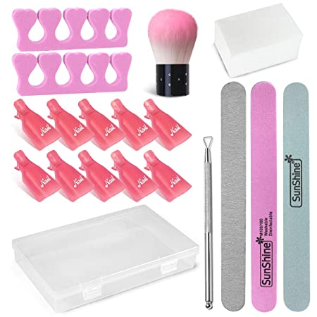 Nail Polish Remover Clips Set with Nail File, Cotton Pads, Finger Separators, Triangle Cuticle Peeler Scraper, Nail Brush Remove Dust Powder, Nail Clips for Removing Gel Polish (Pink1)