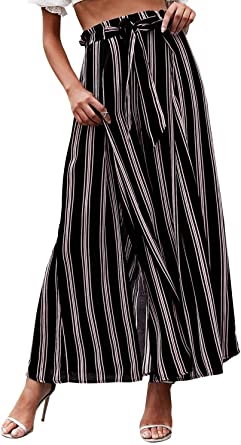 BerryGo Women's Boho High Waist Split Stripe Wide Leg Pant