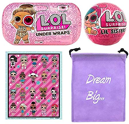 LOL Surprise Dolls Wave 2 Bundle Includes (1) Innovation Series 4 Under Wraps   (1) Eye Spy Lil Sister   LOL Sticker Sheet with Compatible Toy Storage Bag!