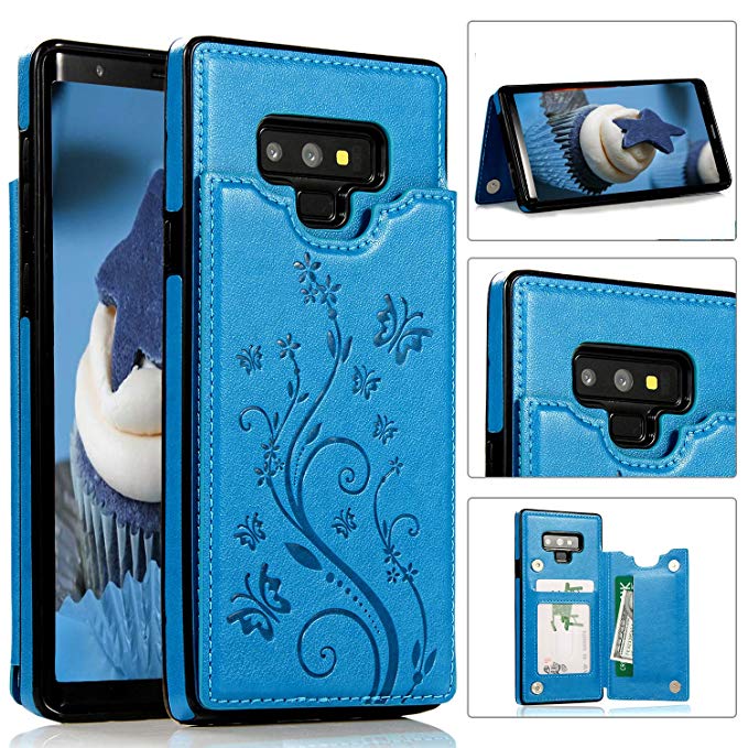 Galaxy Note 9 Card Holder Case, Akimoom Butterfly Embossed Double Magnetic Clasp Leather Kickstand Card Slots Protective Skin Case Cover for Samsung Galaxy Note 9 (2018)(Blue)