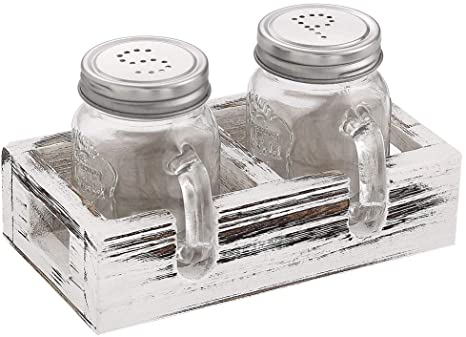 Elwiya Farmhouse Mason Jar Salt and Pepper Shakers Set with Wood Tray for Vintage, Rustic Kitchen Table Decor, Vintage Home Decoration, Restaurants and Gift