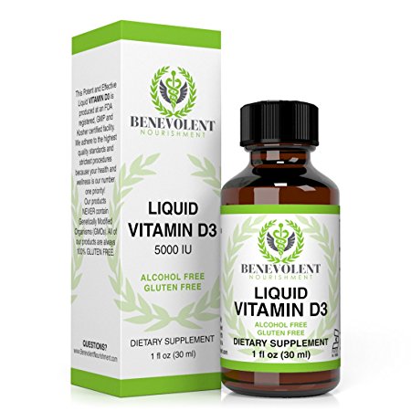 Liquid Vitamin D3 5000 IU. Potent & Effective 1000IU per Drop Absorb Fast to Best Boost Your Bone & Skin Health, Immune System, Increase Energy & Help with D 3 Vitamins Deficiency.