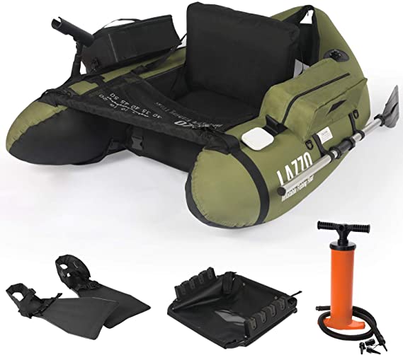 LAZZO Inflatable Fishing Float Tube with Hand Air Pump, Hold up to 286lb, Flotation Boat Includes Storage Pocket, Step in Fins,Inflate Seat & backrest, Rod Holder and Rack, Oar,Fish Ruler, Green