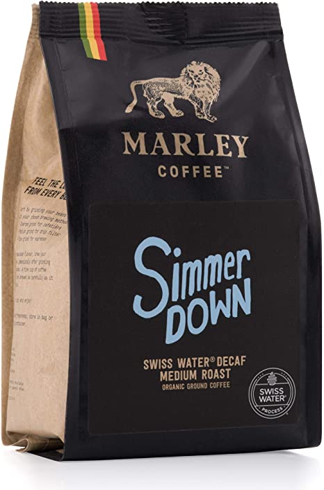 Simmer Down Decaf Medium Roast, Organic Decaffeinated Ground Coffee, Swiss Water Decaf Process, Marley Coffee, from The Family of Bob Marley, 227g