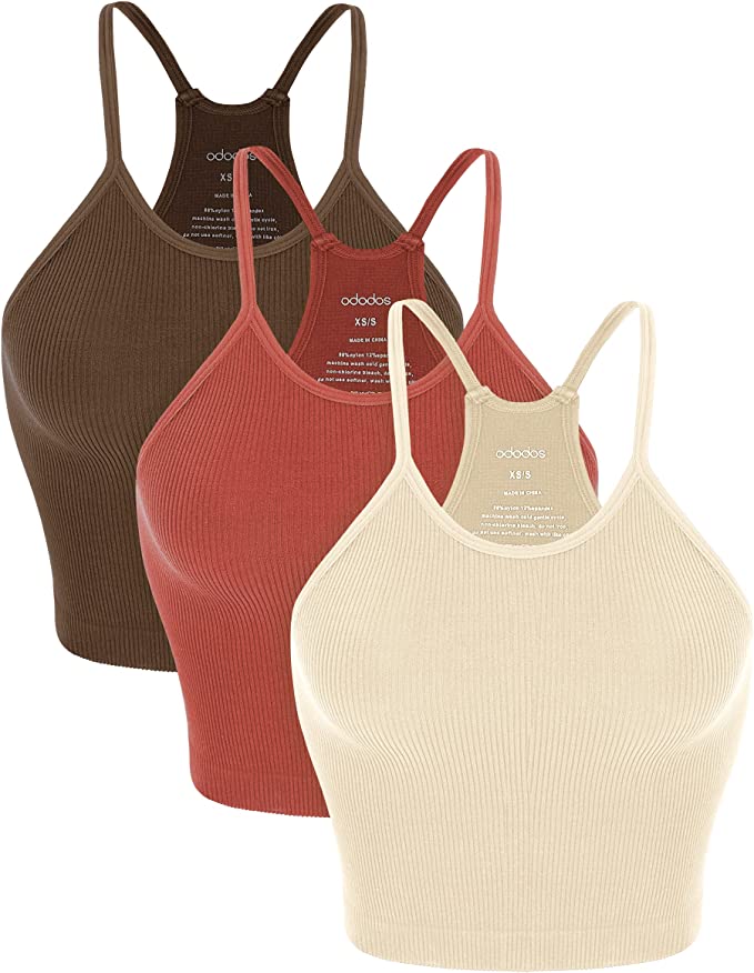 ODODOS Women's Crop 3-Pack Washed Seamless Rib-Knit Camisole Crop Tank Top