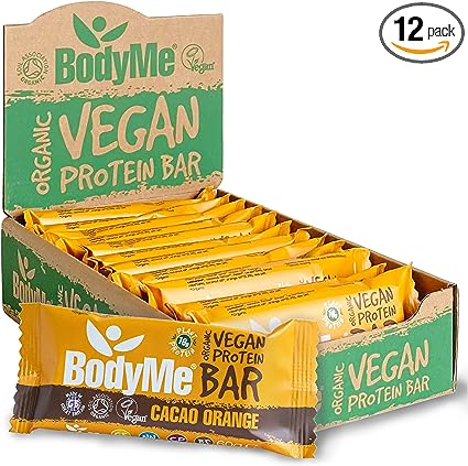 BodyMe Organic Vegan Protein Bar | Raw Cacao Orange | Box of 12 x 60g (2.12oz) | with 3 Plant Proteins