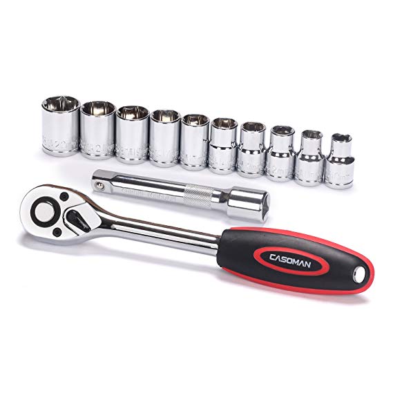 CASOMAN 1/4" Drive Quick Release Ratchet and Cr-V Metric Sockets Set,1/4 Inch Drive Sockets With Ratchet Wrench Set -14-Pieces