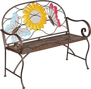 Evergreen Weatherproof Sunflower with Butterflies Outdoor Bench | Holds Up to 400 lbs | Furniture for Lawn Garden Patio Porch Park Deck | Metal | Multicolor