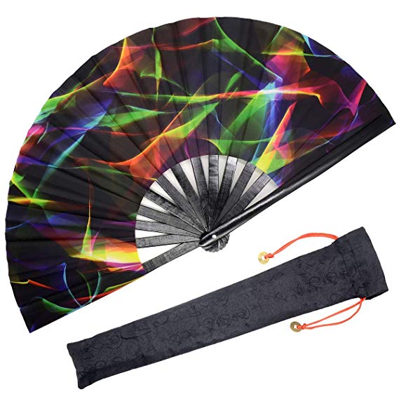 OMyTea Bamboo Large Rave Folding Hand Fan for Men/Women - Chinese Japanese Handheld Fan with Fabric Case - for Electronic Dance Music Festival Party, Performance, Decorations, Gift (Colorful Fantasy)