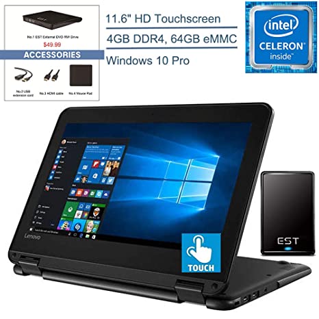 2020 Lenovo 300e Winbook 11 2-in-1 11.6" Touchscreen Laptop Computer, Intel Quad-Core Celeron N3450, 4GB DDR4 RAM, 64GB eMMC, Window 10 Pro, EST USB External 500GB Hard Drive   DVD   Accessories