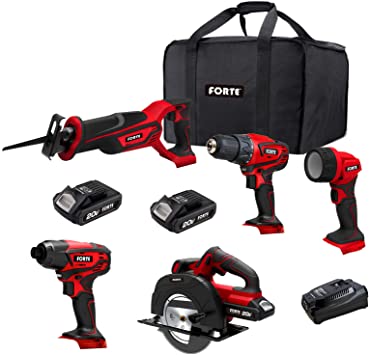 FORTE 20V Max 5-Tool Kit, Drill Driver, Impact Driver, Reciprocating Saw, Circular Saw and Flashlight with 2pcs Li-ion Batteries and Quick Charger