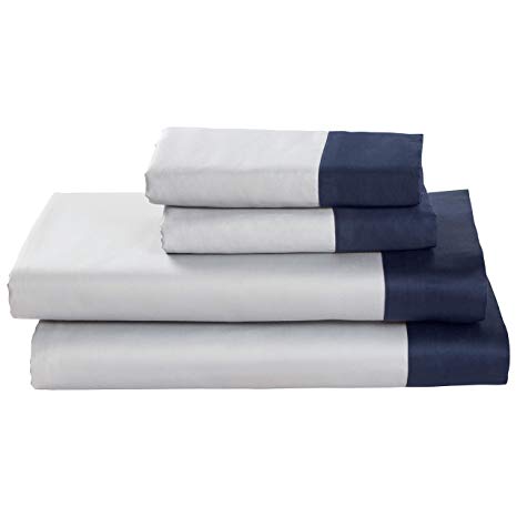 Rivet Color Block 100% Supima Cotton Sheet Set, Full, Cloud Blue/Navy