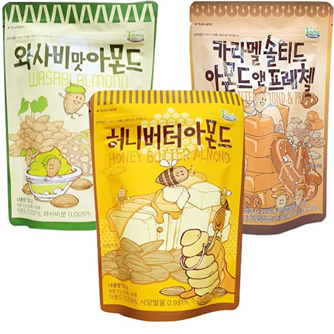 Gilim Tom's Farm Korean Seasoned Almonds Snack 3 Pack - Honey Butter (150g), Wasabi (150g), Caramel Almond & Pretzel (120g) / Perfect for gifts, camping, snacking, care packs