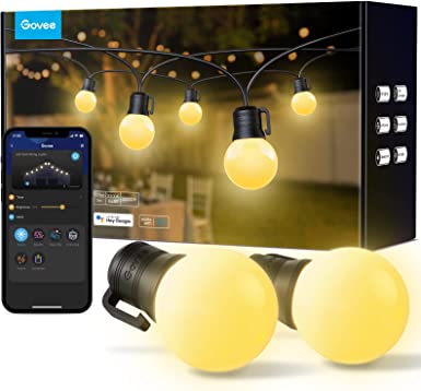 Govee Smart Outdoor Lights, 100ft G40 APP Control String Lights with 6 Scene Modes, IP65 Waterproof Shatterproof Outdoor String Lights with 50 Dimmable Warm White LED Bulbs for Balcony, Backyard