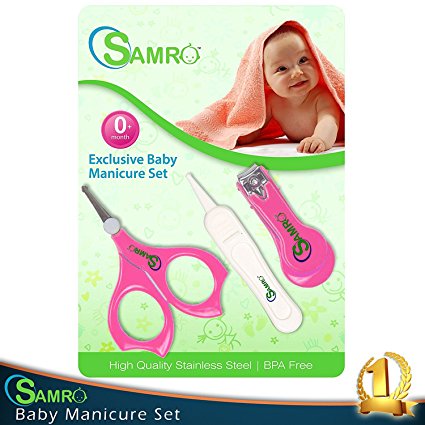 SAMRO Baby Nail Clippers Set with Scissors and Nasal Tweezer in the USA Simple Ergonomic Versatile Unisex Child Toddler Grooming & Healthcare Kit and Shower Gift (Pink)