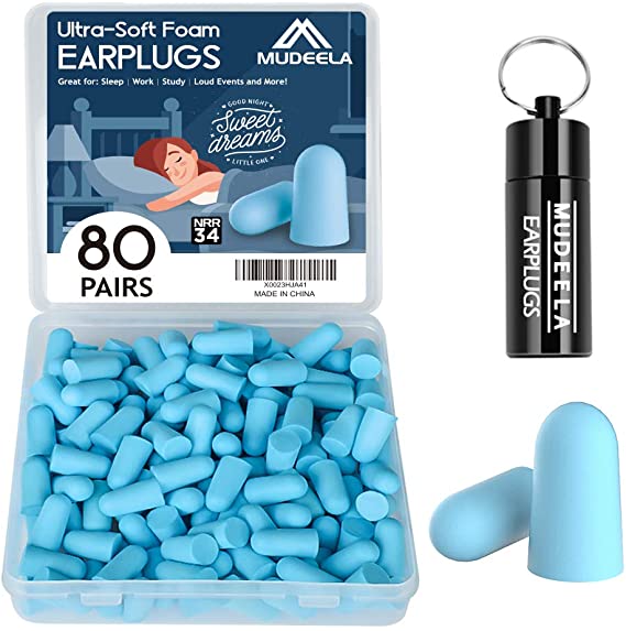 Foam Ear Plugs for Sleeping, 80 Pairs Noise Cancelling Ear Plugs with Aluminum Carry Case, 34db NRR Soft Sleep Earplugs for Noise Reduction, Sound Blocking, Traveling, Flying, Working, Studying(Blue)