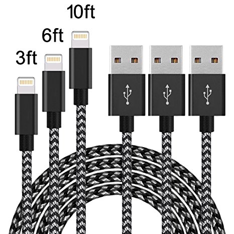 Black Gray 3Pcs 3ft/6ft/10ft Extra Long Nylon Braided Cord Lightning Cable USB Charging Charger for iPhone 7/7 Plus/6s plus/6s/6 plus/6, se/5s/5c/5, iPad Air/Pro/Mini, iPod nano/touch