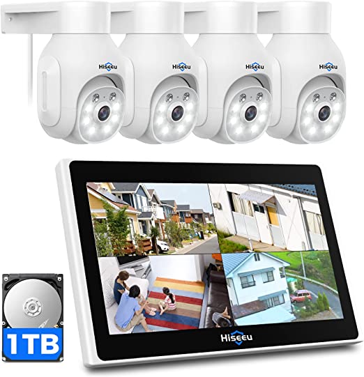 Hiseeu Wireless Security Camera System, 4PCS 3MP Outdoor Camera with 10in LCD, 2-Way Audio, PTZ, Night Vision, Motion Alert, 1T, 10CH Expandable