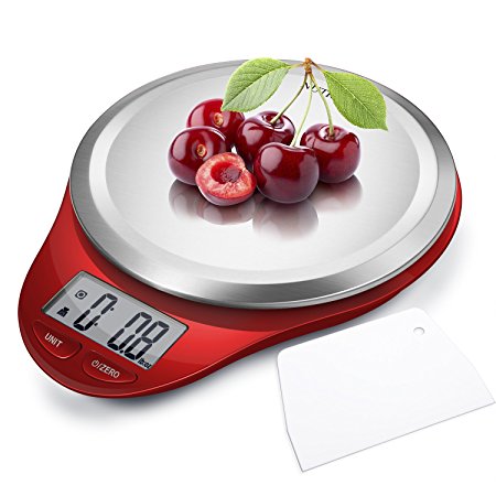 Digital Kitchen Scale with Dough Scraper, NUTRI FIT High Accuracy Multifunction Food Scale with Fingerprint Resistant Coating,Tare & Auto Off Function Red