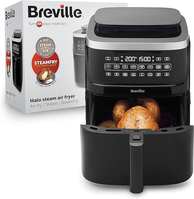 Breville Halo Dampf-Heißluftfritteuse | Digitale 7-Liter-Heißluftfritteuse mit SteamFry-Technologie | 50 % Energieeffizienter | 1700 W | Schwarz [VDF133X] | EU-Stecker