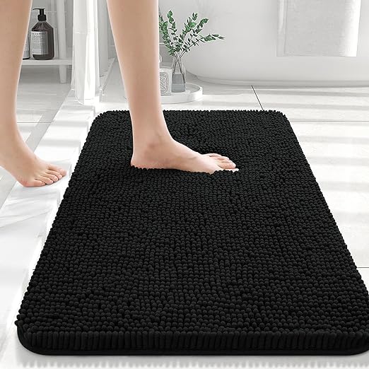 OLANLY Bathroom Rugs 30x20, Extra Soft Absorbent Chenille Bath Rugs, Non-Slip, Dry Quickly, Machine Washable, Bath Mats for Bathroom Floor, Tub and Shower, Black