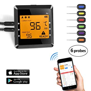 Wireless Meat Thermometer, OUTAD Digital APP Remote Controlled Cooking Food Thermometer Instant Read with 6 Probes for Grill Oven Kitchen Smoker BBQ