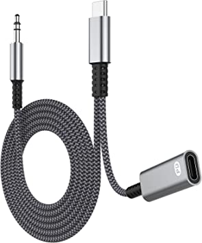 USB C to 3.5mm Aux Cable with Charger, 2 in 1 USB C to 3.5mm Car Aux Headset Audio Cable with PD 60W Charging Cord Compatible with Samsung Galaxy S22/S22 Ultra/S21/S21 FE/Note20, Pixel 6Pro/5/4/3/2
