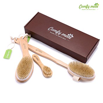 3 Body Brush set includes Bath & Shower brush with Natural Boar Bristles and a Long Handle and curved brush with Contour Handle and Face Cleansing Brush for Skin Exfoliating and Dry Skin Brushing