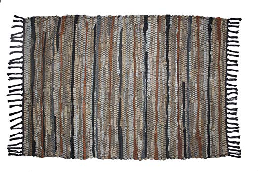 Cotton Craft - 100% Leather Chindi Rug 2x3 Feet - Grey Ivory Multi - Hand Woven & Hand Stitched - Strips of Genuine Leather are Woven by Hand to get This Attractive Artisan Look - Fully Reversible
