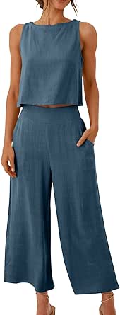 Two Piece Linen Sets for Women 2 Piece Outfits Sets Summer Matching Sets Sleeveless Crop Tops Wide Leg Linen Pant Set