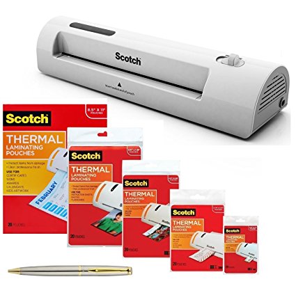 Scotch TL901C Thermal Laminator 2 Roller System Bundle with 100 Assorted Pouch Sizes and a Plexon Pen