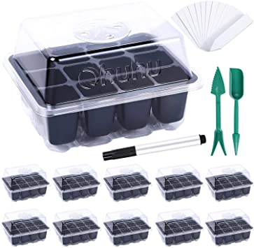 Ohuhu 10-Pack Seedling Trays Kit Plant Starter Trays, 120 Cells Plants Starting Trays with Dome & Base, Adjustable Humidity Mini Propagator Planting Germination Tray with Plant Labels & Seedling Tools