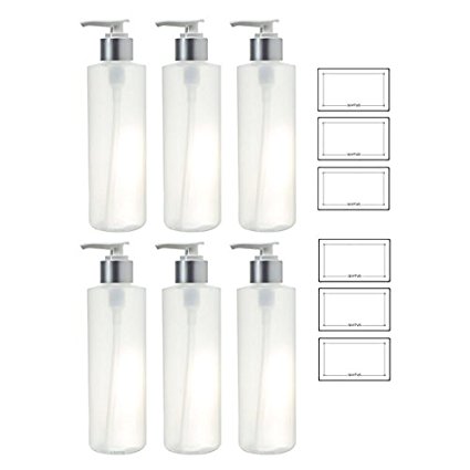 Clear Natural Refillable Plastic Squeeze Bottle with Silver Pump Dispenser - 8 oz (6 Pack)   Labels
