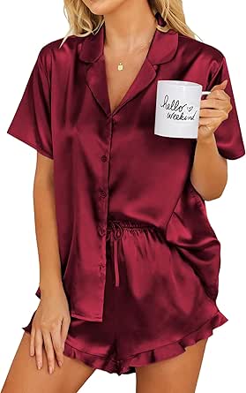 Ekouaer Womens Satin Pajamas Set Button Down 2 Piece Silk Pjs Shorts Set Ruffle Lingerie Notch Collar Sleepwear