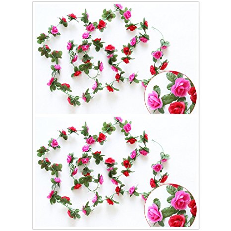 Meiliy 2 Pack 8.2 FT Fake Rose Vine Flowers Plants Artificial Flower Home Hotel Office Wedding Party Garden Craft Art Decor Red ML-021r