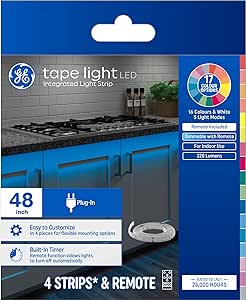 GE LED Tape Light Color Changing Plug-In Light Fixture with Remote, No App or Wi-Fi Required, 12in (4 Pack)