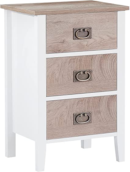 VECELO Nightstands End/Side Tables for Living Room Bedside with Three Storage Drawer, Vintage Accent Furniture for Small Space, Solid Wood Legs, White & Oak