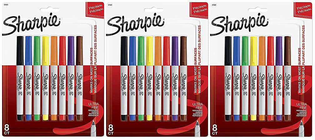 Sharpie 37600PP Ultra Fine Point Permanent Markers (Pack of 3), Classic Colors, 8 Count per Pack, 24 Markers Total; Remarkably Resilient Ink Dries Quickly and Resists Both Fading and Water