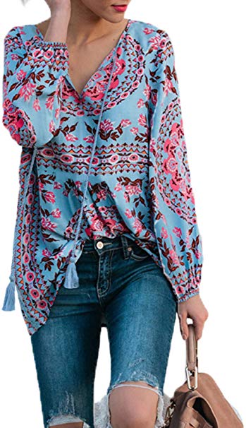 FARYSAYS Women's Casual Boho Floral Print V Neck Long Sleeve Shirts Tops Loose Blouses