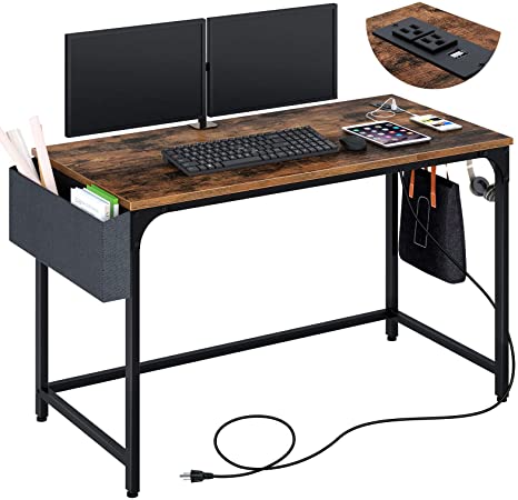 Rolanstar Small Computer Desk, Home Office Writing Desk with Power Outlet,Study Table with Side Storage Bag and Iron Hooks, Workstation, Retro Industrial Style, Stable Metal Fram,Rustic Brown,47"