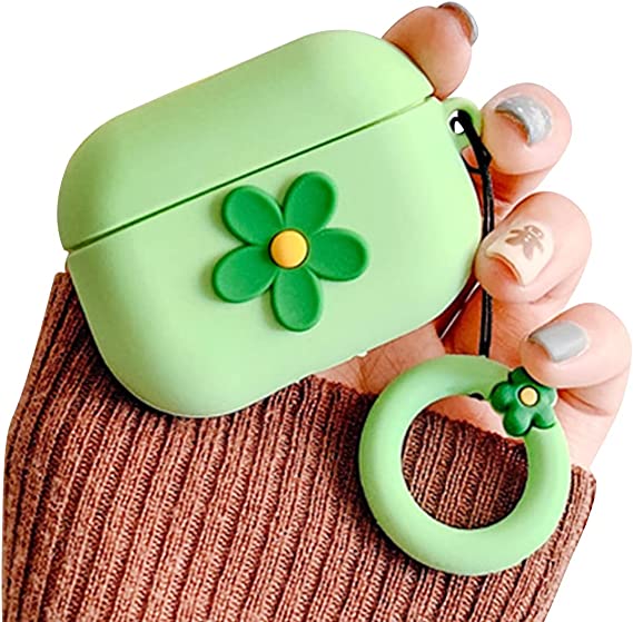 Ownest Compatible with AirPods Case Cute Cartoon Flower Pattern Girls Woman Soft Silicone Shockproof Keychain Design Cover for Airpods Pro-Green