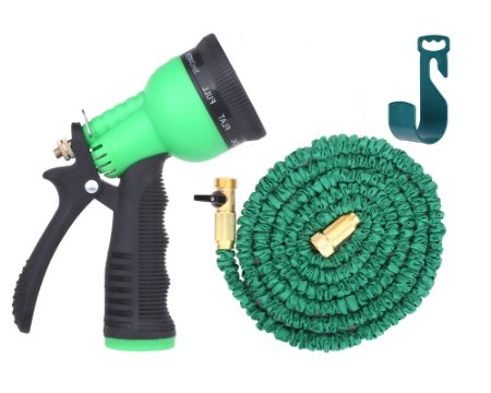 Brass Connectors Expandable Garden Hose By Gardeniar - 50ft Green Kink Flexible - The Best Expanding Garden Hose for all your Watering Needs Comes with a Free 8 Setting Spray Nozzle and Hose Hanger