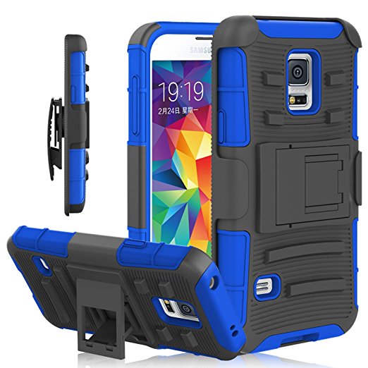 Galaxy S5 Case, S5 Case, Heng Tech (TM) Full Body Protection Hybrid Dual Layer Armor Defender Phone Case Cover with Kickstand & Belt Clip for Samsung Galaxy S5 i9600 (Dark Blue )
