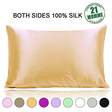 Silk Pillowcase Standard Size for Hair and Skin Both Sides 21 Momme 600 Thread Count Hypoallergenic 100% Mulberry Silk Pillow Case with Hidden Zipper, Champagne Gold