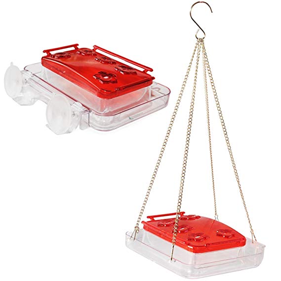 Sherwoodbase Cuboid 2 - Hummingbird Feeder 2 in 1, Attach to Window or Hang in Tree, Built-in Ant Moat, Bee Guards, and Detachable Lid for Easy Cleaning & Refills, with Cleaning Brush, 8 oz