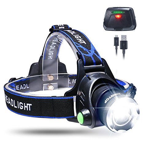 LED Headlamp Waterproof KINGTOP USB Rechargeable Headlight Flashlight with Power Indicator Zoomable 3 Modes Super Bright LED 1800 Lumen Perfect for Camping Jogging Walking and other Outdoor Sports