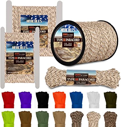 HERCULES Type III Paracord 550 Paracord Rope Parachute Cord, 50' Camo Paracord for Survival Paracord, Survival Cord