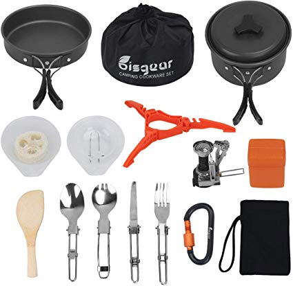 Bisgear 17Pcs Camping Cookware Stove Carabiner Canister Stand Tripod Folding Spork Set Outdoor Camping Hiking Backpacking Non-Stick Cooking Picnic Knife Spoon